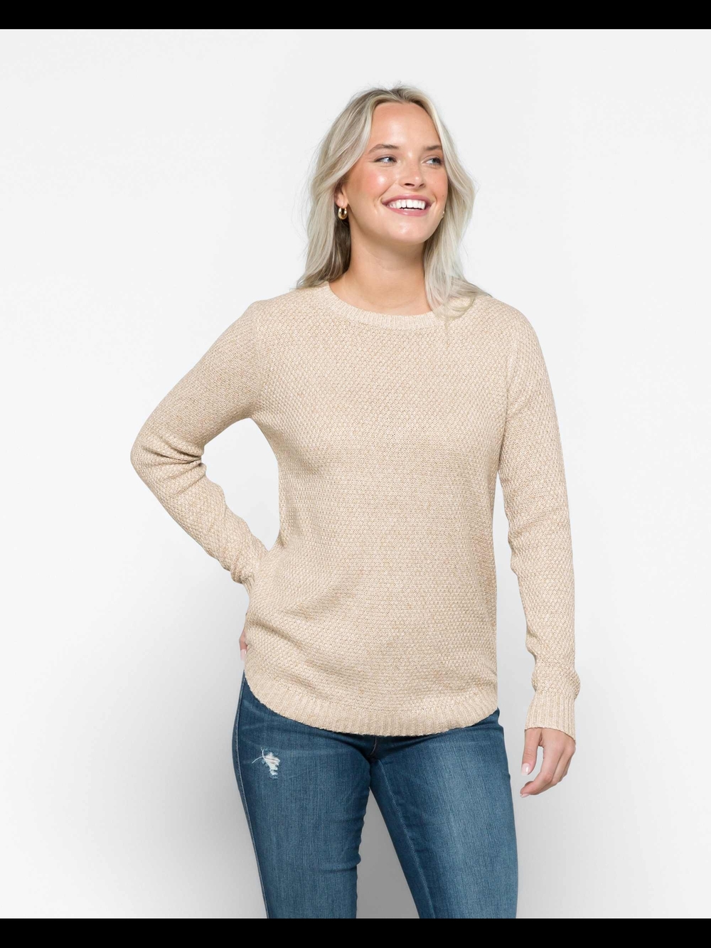 Pink Clover Beige Crewneck Sweater - Textured Knit